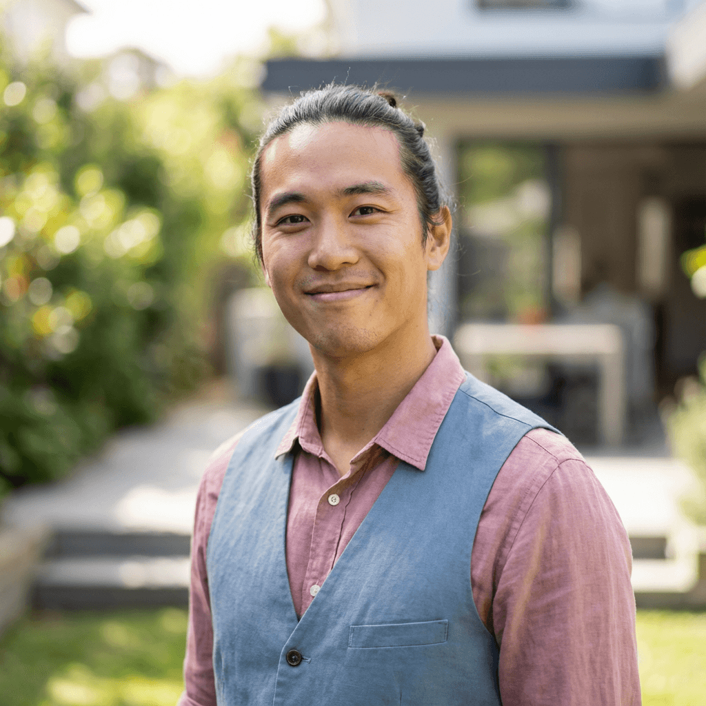 David Chen, product manager in a casual button-down, at a clean desk with a coffee mug