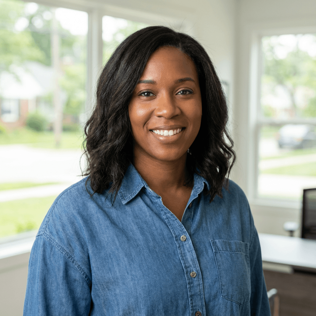 Sarah Okafor, program director in a cardigan, in a community center with soft window light