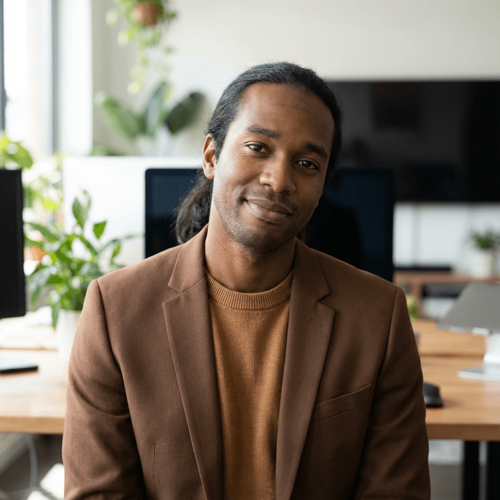 Marcus Bennett, operations manager in a collared shirt, outdoors in soft daylight