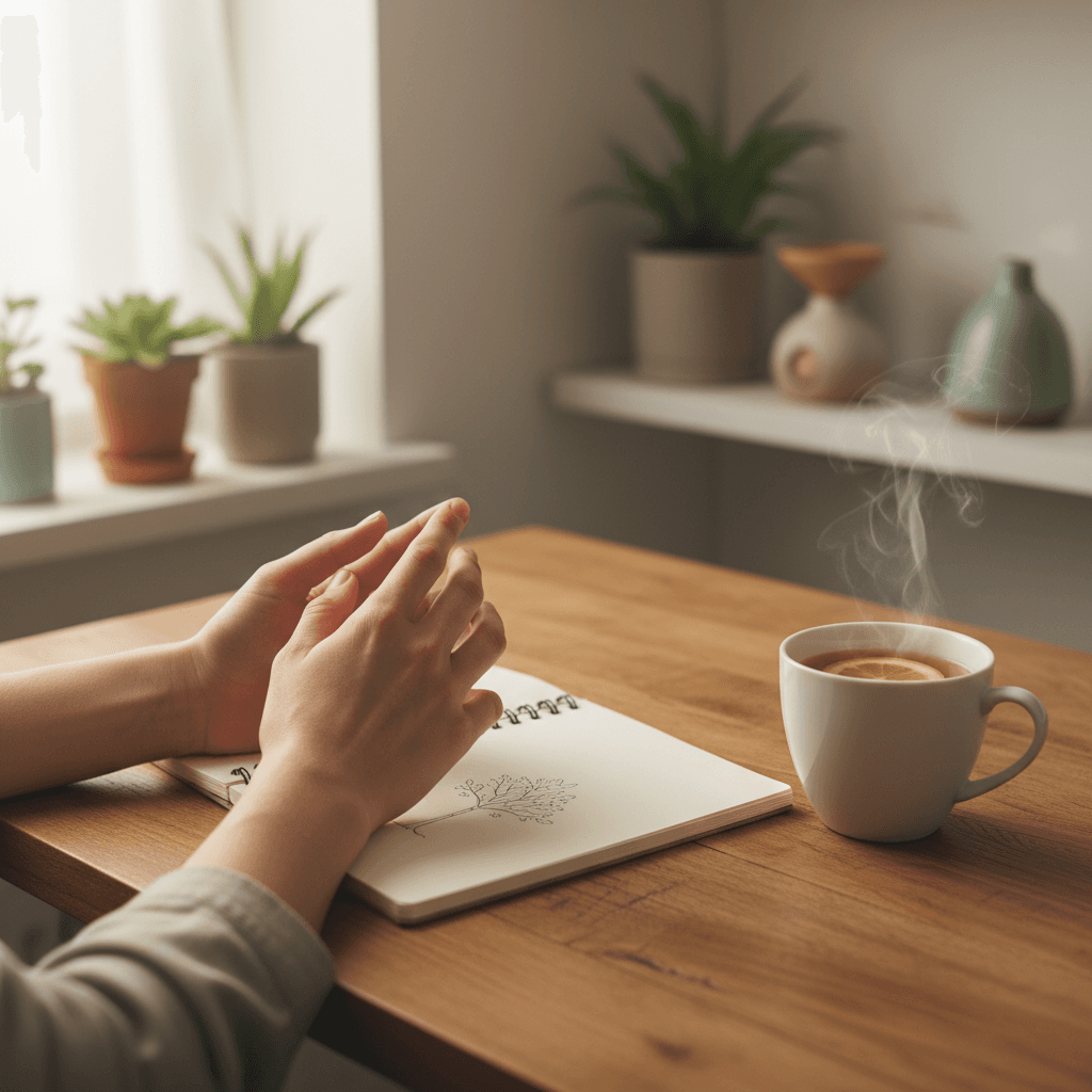 A person sitting at a desk with a journal and pen, looking thoughtfully out a window
