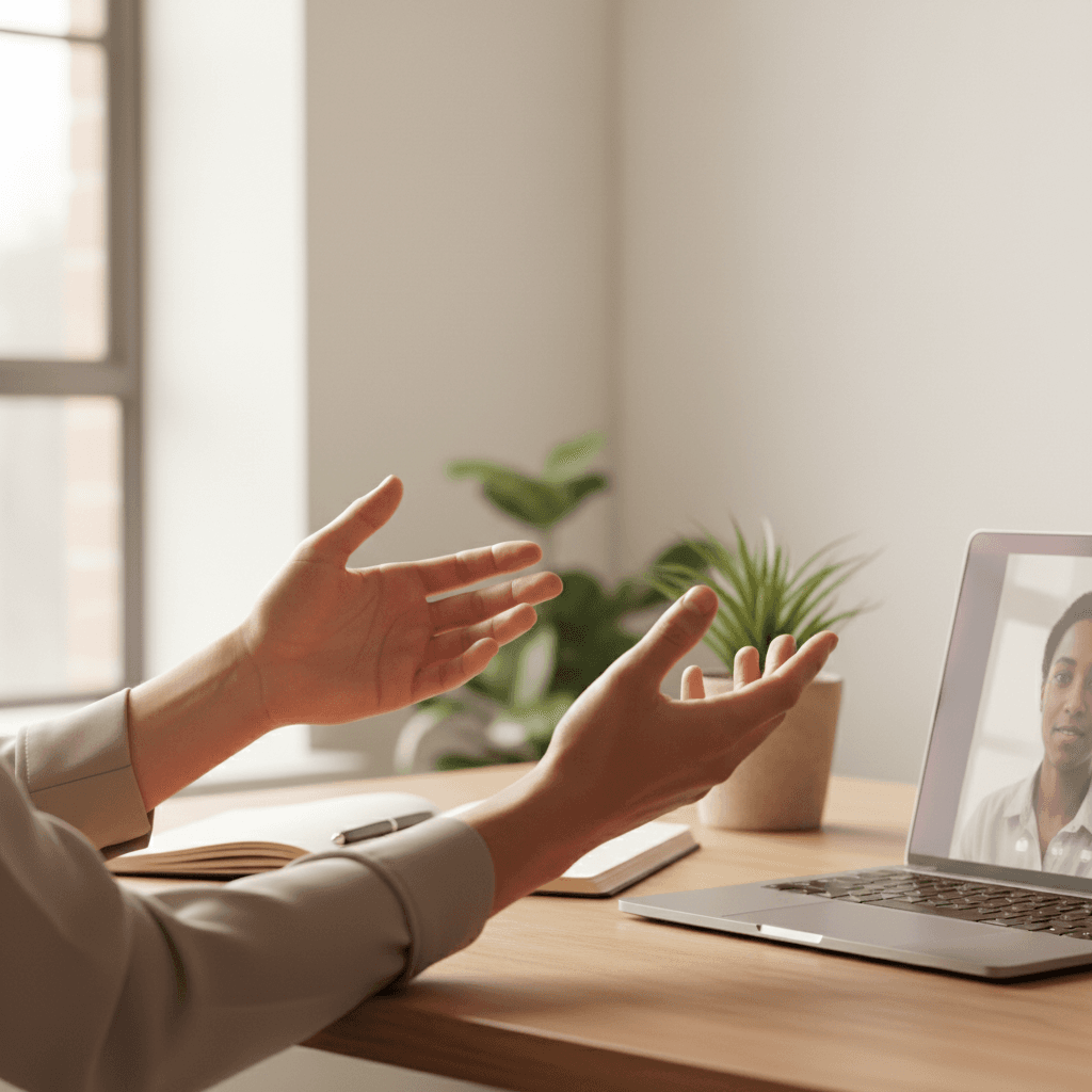 A professional coach leading a virtual meeting with a notepad on a desk
