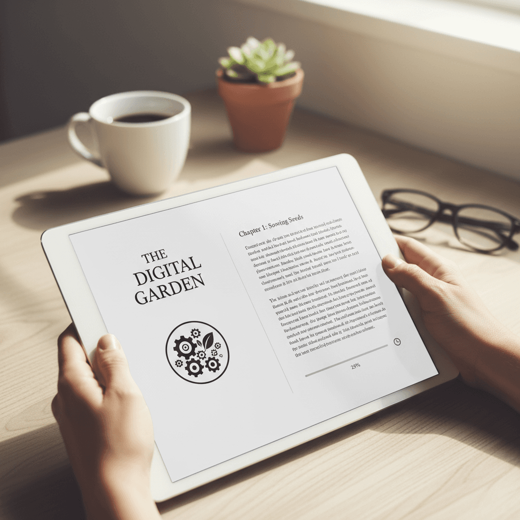 Hands holding a tablet displaying an e-book cover with a bookshelf in the background
