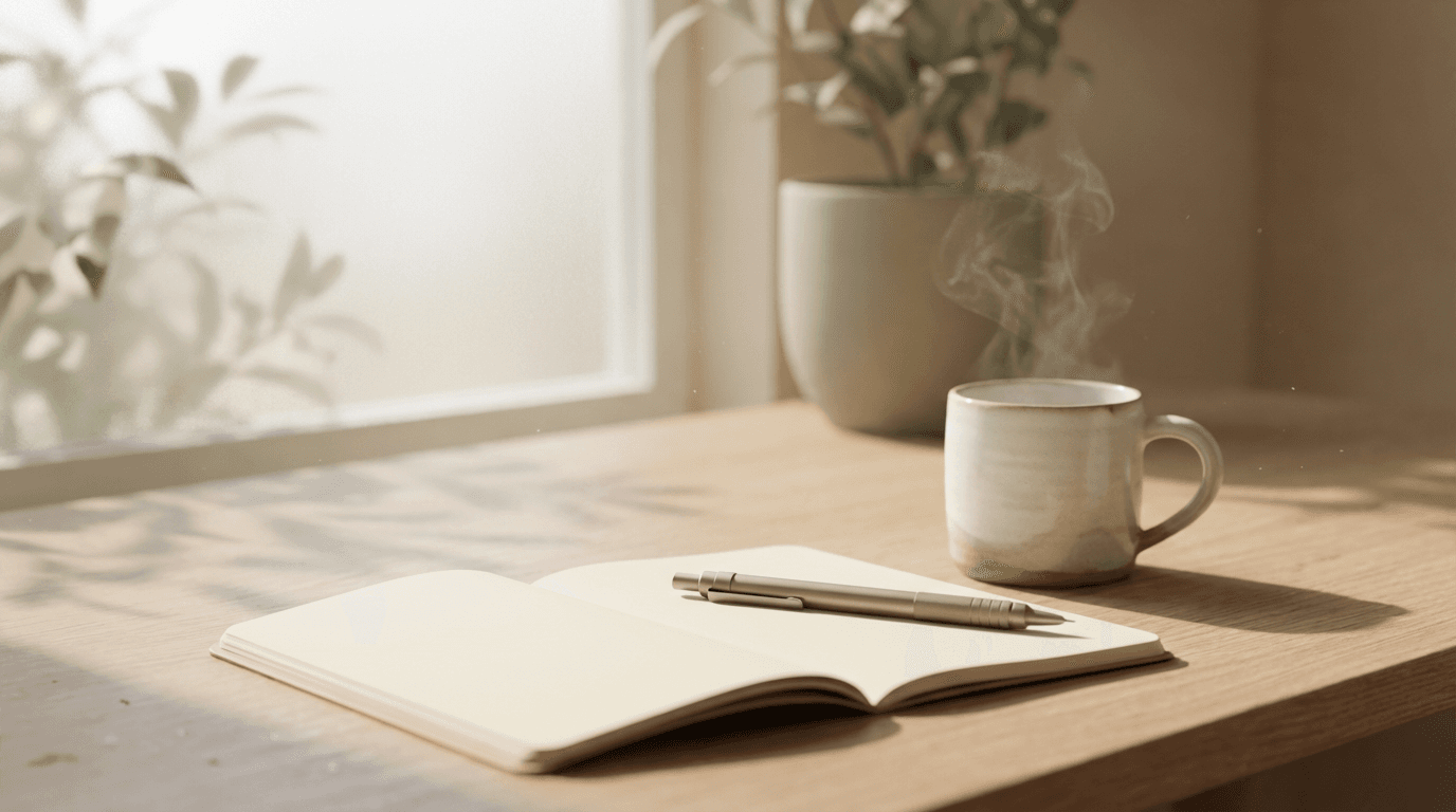 A tidy desk with a notebook and pen, ready for a coaching session